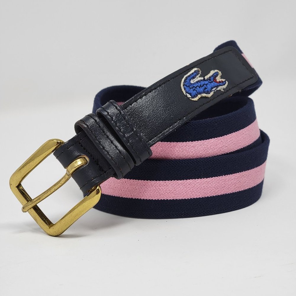 Vintage Lacoste Alligator Navy Blue and Pink Stripe Elastic Leather Belt - Picture 2 of 12